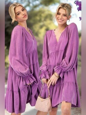 Easel Aurora Sun-Washed Ruffle-Cuff Tunic Dress Purple Bohemian Airy New Medium